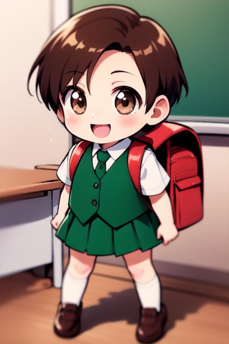 <lora:rokujoumugi:0.8>  rokujoumugi, brown hair, short hair, brown eyes, chibi, toddler,  classroom,
solo, 1girl, backpack, bag, skirt, short hair, randoseru, necktie, socks, school uniform,  full body, vest, smile, happy,
masterpiece, high quality, very_high_resolution, large_filesize, full color,