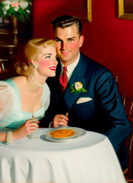 a painting, by Tom Lovell; a man, wearing a suit, sitting a a table, next to a woman; a woman, wearing a formal dress; in a restaurant; romance