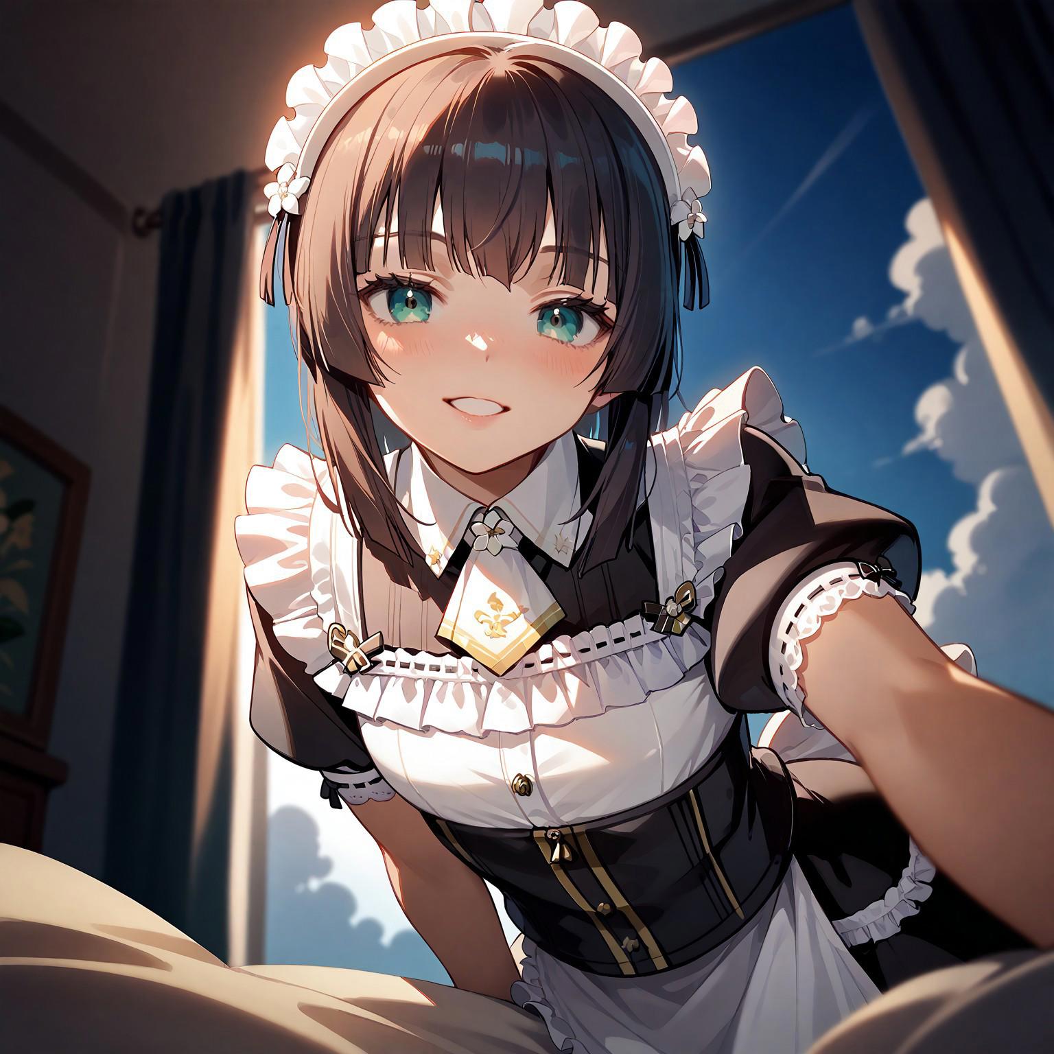 score_9, score_8_up, score_7_up, score_6_up, source_anime. zPDXL3, 1girl, solo, Mafuyu, Sofia maid outfit, Sofia maid headdress, Sofia maid gloves, looking at viewer, smile, leaning forward, bed sheet, window, sunlight, sunny, blue sky, cloud, pov, from below, backlighting 