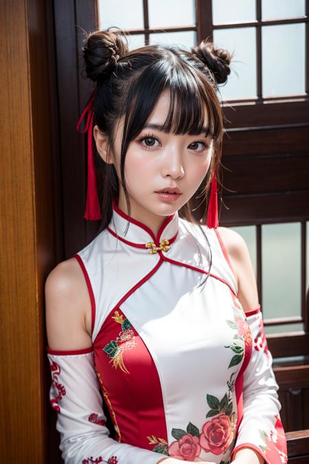 (chinese woman) ,24yo, beautiful, hair bun, double bun, twin braids, long hair, detached sleeves, clothing cutout, bangs, hair ribbon, upper body, china dress,chinese clothes, looking at viewer, black ribbon, hand on own chest, indoors, bun cover,realistic,