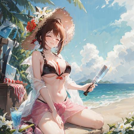 masterpiece, best quality, 1girl, sitting, wariza,   ,bikini, black bikini ,closed eyes, short hair, straw hat, hat ,flower, large breasts ,sarong,brown hair ,cleavage,sun hat ,navel , hat flower ,     <lora:loraine_summer-05:1> , look at viewer , smile ,knife ,hold knife