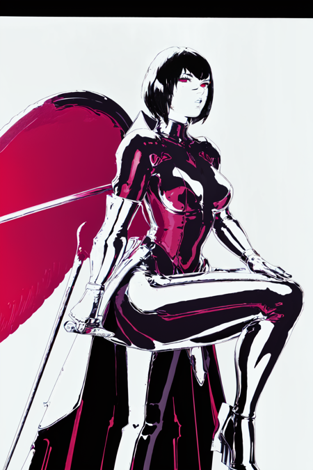 Contrast Pop Art, official art, (masterpiece, best_quality, ultra-detailed, immaculate:1.3), epic, illustration, render, volumetric lighting, welcoming, see-through gossamer, 1girl, solo, short hair, simple background, white background, standing, monochrome, full body, weapon, sword, high heels, silhouette<lora:Contrastv2:0.75>