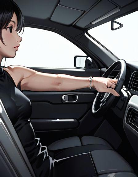 aoi tsukasa, 1girl, solo,  bracelet, jewelry, realistic, black short hair, black eyes, ultra pose
inside a car , (body shot)
(<lora:Aoi_Tsukasa:1> Aoi Tsukasa),
parted lips, (black room background:1),