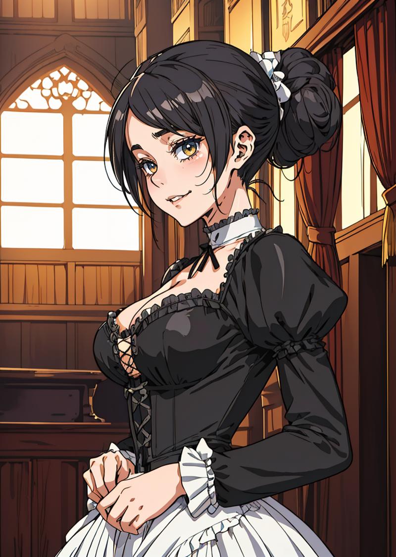 A cartoon illustration of a woman in a black dress with a white collar and bow, standing in a room.