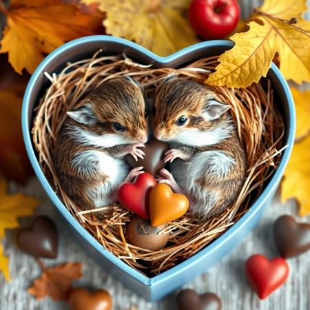 Pair of dormouse curled up in cosy straw and feather nest made inside a heart shaped chocolate box. Bocke background of autumn leaves and fruit and heart shaped chocolates. Very cute and warm feeling.