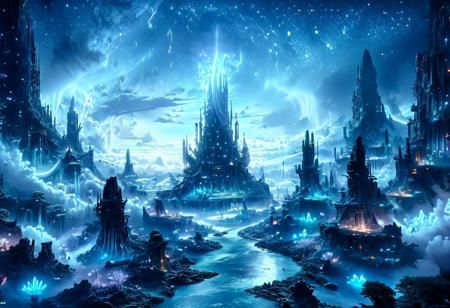 serene night, beautiful sky, apocalyptic, silhouette, Complex landscape, best quality, pastel colors, light blue tint, aesthetic Ethereal, Effulgent, Idyllic atmosphere, Tranquil, ethereal quality, cinematic volume, Twinkling lighting, glowing aura, global illumination, glowneon, Anisotropic Filtering, Unrivaled Opus, Unconventional, hyper detailed, HDR,