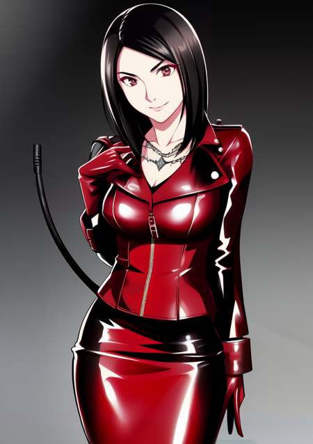 1 woman, microphone, solo, cable, riding crop, smile, scarlet leather jacket, medium breasts, necklace, pencil skirt, medium dark hair, whip, , seiyuu, voice actor, dominatrix, asymmetrical hairdo, predatory look, adult, finger gloves, red latex, intricately detailed, highres 4k, hdr, diffuse dynamic lighting, cinematic shading, rtx on, realism,chihara minori, medium black hair, swept bangs, parted bangs