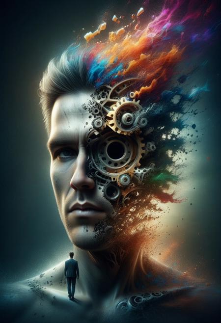 A man in a surreal environment, with his head stylized to appear open, revealing internal elements like gears and bright lights. The background is ethereal and abstract, with vibrant colors that contrast with the central figure. The lighting is dramatic, highlighting the fascinating details of the scene. The image should be in high definition, in a 16:9 format, capturing an intriguing and creative atmosphere.