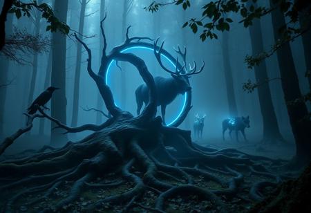 “A hyper-realistic, cinematic depiction of the Algiz rune in a haunting, fog-laden ancient forest, shot with a Sony prime lens for rich depth and sharp detail. The Algiz symbol looms large, carved from twisted, bone-like branches that glow with an eerie, electric-blue hue, illuminating the mist in dramatic high contrast. This glow casts intricate shadows across the forest floor, capturing every texture of the damp moss and gnarled roots. Surrounding it are spectral animals—a raven perched on a branch with razor-sharp focus, a ghostly elk with glowing antlers standing in mid-distance, and wolf-like shadows further back, half-concealed by fog. Using a shallow depth of field, the foreground details pop in hyper clarity while the background recedes into a moody, mysterious blur, layered with deep blues, purples, and greens. Each leaf and wisp of mist is sharp, highlighting the texture and contrast of the scene for an immersive, supernatural atmosphere that feels like a ritual frozen in time.”