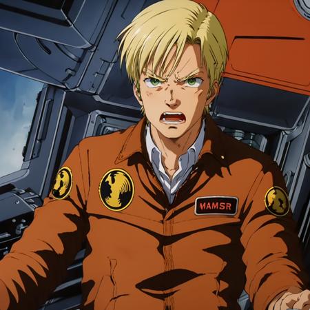 masterpiece,high quality,solo,
<lora:bernardwiseman001:0.7>,
bernardwiseman,1boy,
blonde hair,green eyes,
leather jacket,emblem,badge,logo,collared shirt,open jacket,
jeans,
cockpit,angry,shouting,