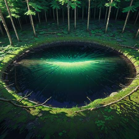 (stylized by Tsubasa Nakai:0.8) , anime key visual, Gamerpunk, intricate background, medium wide shot of a Dusty Foul Forest Green and Tan ("The Wellspring of Power":1.3) , Fresh lake and fauna, at Twilight, Panorama, Illustration, Peaceful, dramatic lighting, Circular polarizer, four colors, Psychedelic paint splotches, Plain white background, wallpaper, HDR