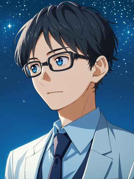 1 boy, Kousei Arima, solo focus, glasses, black hair, blue eyes formal attire, necktie