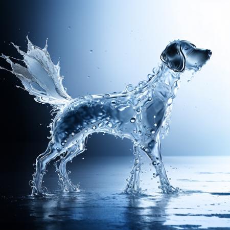 a (watercd:1.2, brightness, transparent:1.3) dog, (solo:1.2), standing, water drop, dropping, <lora:watercd-000013:1.0>, no humans, high quality, masterpiece, realistic, photorealistic, (outdoors, on the surface of the water, the water splashed in all directions, full  body),