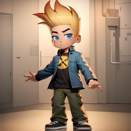 ((masterpiece, best quality)),(complex lighting), solo, full body, 1boy, johnny test, <lora:JohnnyTest1-10:0.8>,blue eyes, open jacket, standing, naughty face, radiation symbol,