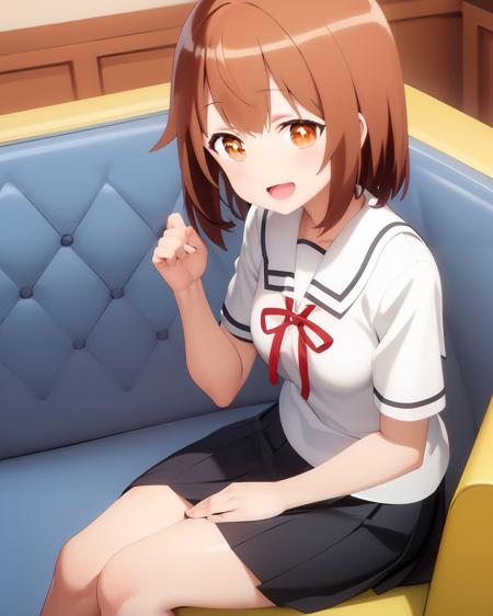 <lora:Tonari:0.9>
1girl, solo, sitting on couch, long brown hair, bangs, school uniform, brown eyes, smile, :d, short sleeves