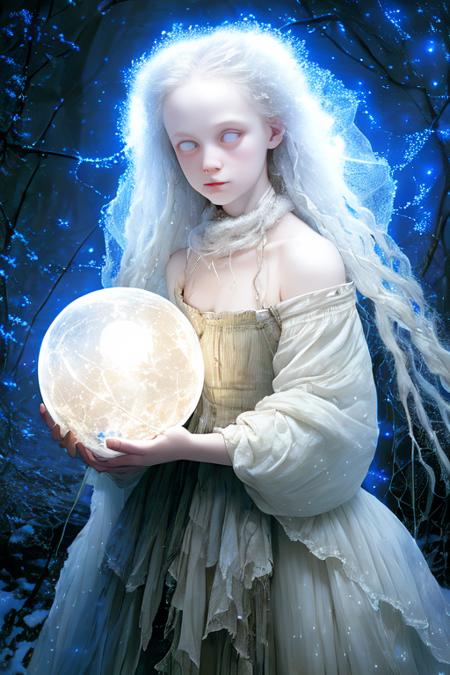 professional photograph of a beautiful albino woman, petite, wild, tangled hair, ragged, patchwork clothing, snow, holding an orb filled with glowing blue stars, blossom, cobwebs, moon, extreme long shot, highly retailed, realistic <lora:whiteeyes_11-04:1> whiteeyes