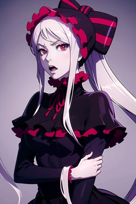 absurdres, highres, ultra detailed, <lora:ShalltearV3333-000023:0.9> shalltear, gray hair, red eyes, bonnet, hair bow, ponytail, black dress, frills, long sleeves, (looking at viewer:1.1), angry, open mouth, fang, upper body, simple background