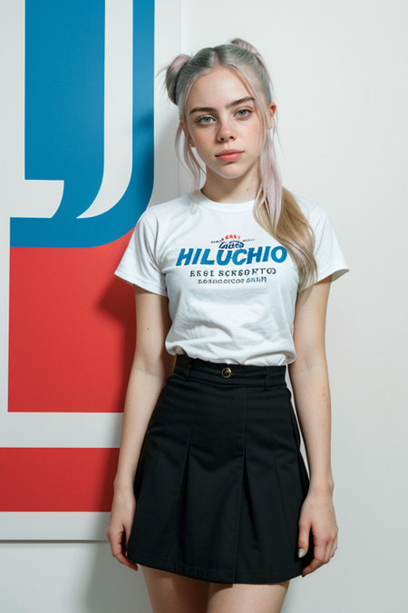 BillieEilish, advertising poster style, (shushing, upper body:1.3), (chiaroscuro:1.3), short black skirt, unbuttoned white blouse, messy bun, camera, highres, extremely detailed, beautiful detailed woman, full body, realistic, light on face, cinematic lighting, perfect eyes, professional, modern, product-focused, commercial, eye-catching, highly detailed