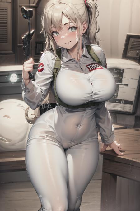 (ghostbuster uniform), khaki, protopack, ghostbuster logo, (white pupils), (wide hips), large breasts, indoors, long hair, solo, 1girl, smile, <lora:Ghostbuster Uniform V4:0.6>