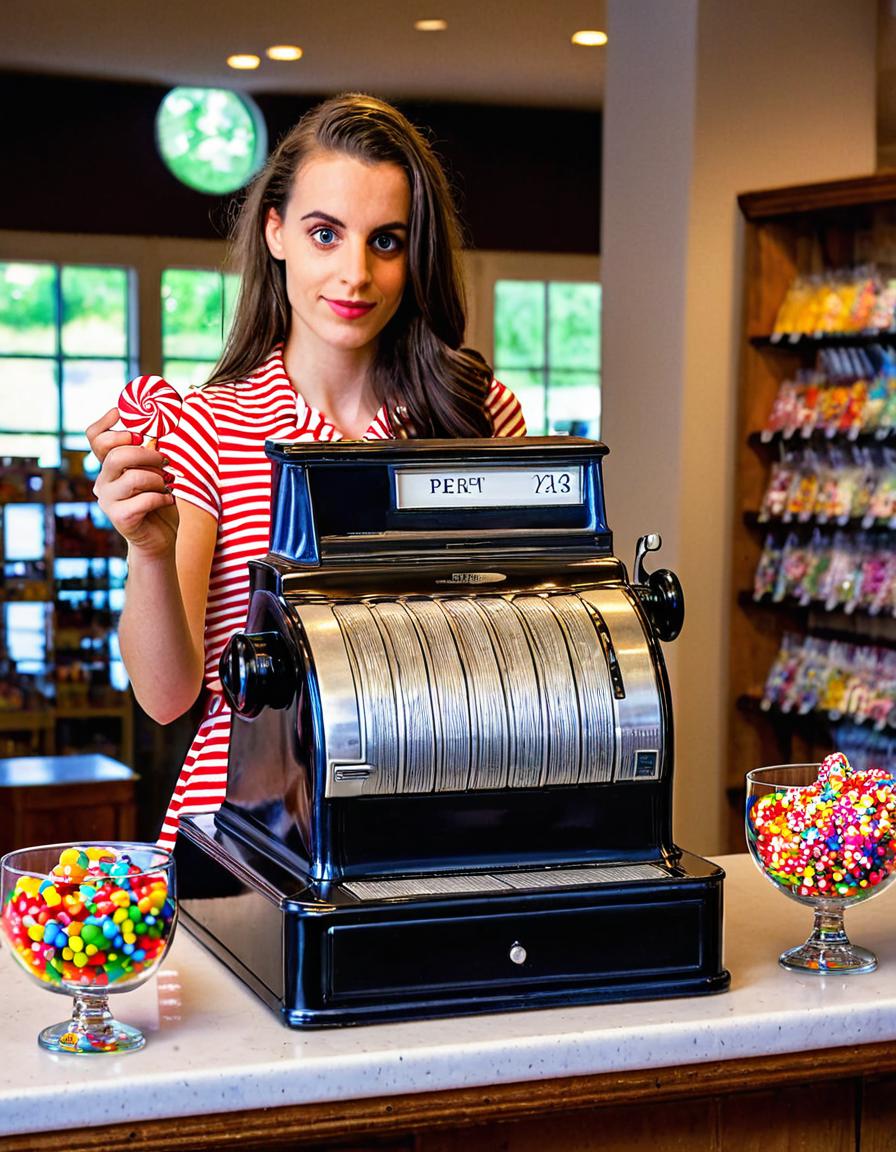 <lora:m1r4mur4t1_SDXL_SGX:0.9>,(half shot) photograph of (beautiful 25 year old) (m1r4mur4t1:1.2) woman with dark hair,as a candy store clerk,wearing a white and red stripped dress, standing at the counter in a candy store, holding a large lollypop and her hand, with over the counter shelves full of jars filled with colorful candy and gumballs,an old decorative metal cash register sits on the counter,general store,face focus,(bokeh),facing viewer,rich details,clear shadows and highlights,realistic,highly detailed,