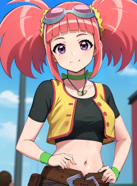 tatsuno malm, twintails, pink hair, goggles, purple eyes, goggles on head
