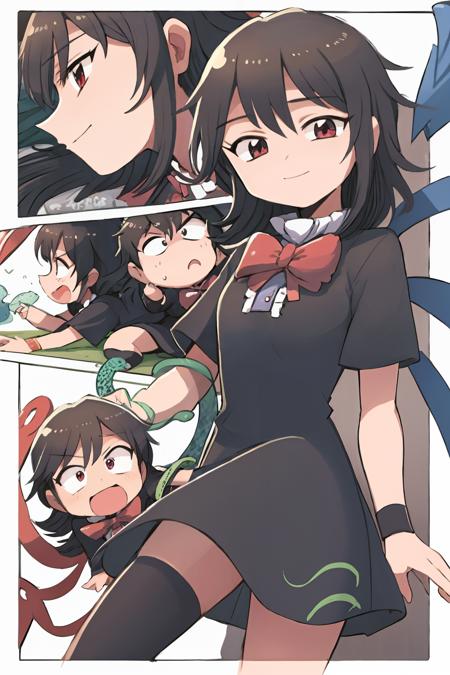 houjuu nue 1girl, black hair,short hair,red eyes,red bow,short sleeves,wristband,snake,,black dress,black thighhighs,asymmetrical wings,