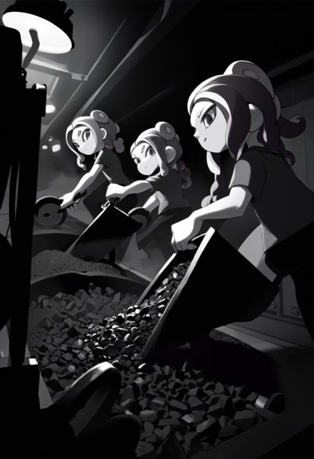 <lora:karsh_style_1-000008:1> monochrome karsh style, octolings in an engine room shovelling coal, dim lighting, close shot <lora:splatoonxl28-000014:1>