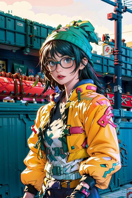 1girl, killjoy \(valorant\), cosplay, valorant, yellow jacket, glasses, gloves, green beanie, solo, upper body, outdoors, noon, streets, sunshine, standing, beautiful face, (cowboy shot), 8k, hdr, ultra highres, masterpiece,(realistic), highly detailed CG unified 8K wallpapers, (HQ skin:1.2),8k uhd, dslr, high quality, beautiful skin, attractive, ultra-high resolution, ultra-realistic, high-definition, close-up, dynamic pose, looking at viewer, <lora:KilljoyCosplay_LoRA:0.8>,