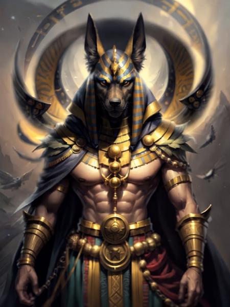 ethereal fantasy concept art of  Egyptian style role-playing game (RPG) style fantasy POV Portrait of a Anthropomophic Jackel,face focus,ebony black skin,anubis,<lora:add_detail:0.3>,<lora:ARWgodanubis:0.8>,Paladin,dungeons and dragons,RPG,Character Concept,Gloomy fog, . detailed, vibrant, immersive, reminiscent of high fantasy RPG games . hieroglyphs, gods and goddesses, Pharaohs, highly detailed . magnificent, celestial, ethereal, painterly, epic, majestic, magical, fantasy art, cover art, dreamy