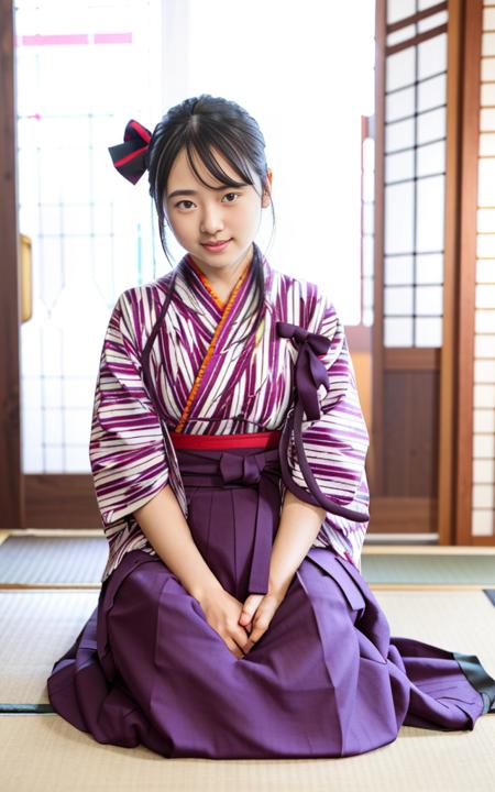 BMC, 1girl, solo, (yagasuri), japanese clothes, , indoors, skirt, hakama, hakama skirt, realistic, kimono, holding, black hair, ponytail, , boots, cross-laced footwear, lace-up boots, smile, meiji schoolgirl uniform, tasuki, ribbon, full body, hair ribbon, purple hakama, wooden floor,
<lora:Basyamichi:0.6> <lora:basyamichiV6C:0.8>  <lora:jprenaV1_jprenaV1:0.7>