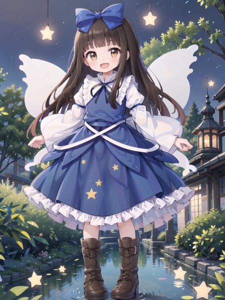 1girl , star sapphire,brown eyes, blue dress, star dress,star \(symbol\), brown hair fairy wings, wings, full body,boots,brown brown footwear, 