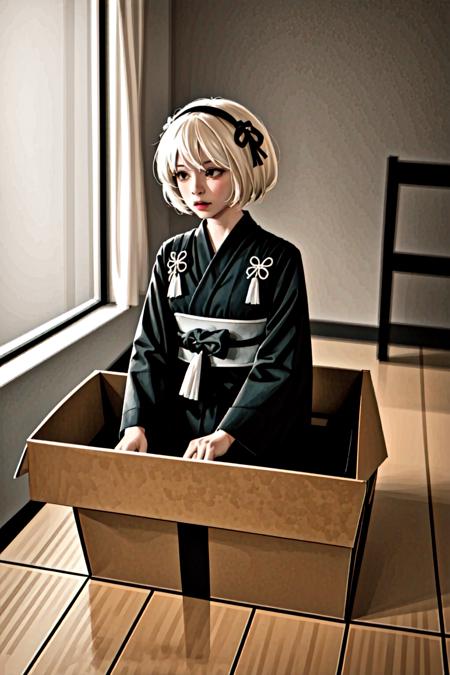 1girl in a gift box,   <lora:yomama_surprise_gift_v5-10:0.6>yomama_surprise_gift_v5 <lora:LCM_LoRA_Weights_SD15:1> indoor, Christmas decoration ,   <lora:Alternate_2B-V2:0.6> black kimono