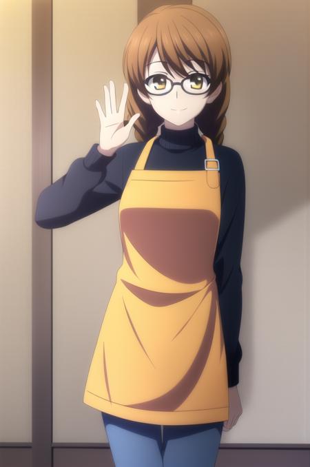 (masterpiece), high quality, highly detailed background, 1girl, solo,
<lora:WA2-Setsuno-v1-06:0.7>, ChopioSetsuno, looking at viewer,
brown hair, long hair, twin braids, brown eyes, glasses,
outfit_2, orange apron, apron, turtleneck, sweater, jeans
standing, smile, waving,