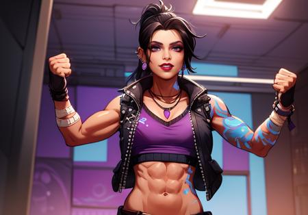 Amara, short black hair,ponytail, purple eyes ,lipstick ,toned , blue left arm tattoo, dark skin ,nail polish,  scars, standing,  arms on hips, upper body, smiling,  flexing,  grin,  closed fists, 
AmaClot, (right fingerless glove) ,ear piercing,earrings,midriff ,crop top,torn clothes ,vest,bracelet,pants,boots,necklace,belt , right forearm bandage,
spaceship,  window, stars milky ways, purple themed room,  purple walls,  gym, dark room, purple lighting, 
(insanely detailed, beautiful detailed face, masterpiece, best quality)   <lora:Amara:0.7>