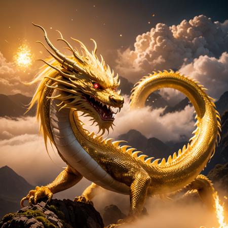 chinesedragon,golden dragon,full body,dragon,no humans,eastern dragon,mountain,cloud,sky,glowing eyes,glowing,open mouth,red eyes,fangs,fly in the sky,cloudy sky,dragon claw,bristles,manes,<lora:ChineseDragon_v1:1>,