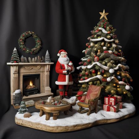 <lora:M1n14tur3:0.9>,photo of (M1n14tur3:1.1) ceramic sculpture of Santa Claus,(standing in the living room:1.3),placing presents under the christmas tree,large red open bag of presents,with fireplace,end table with milk and cookies,cat sleeping on couch,(indoor:1.4),photo realistic,ornate,studio photograph,sitting on a wooden counter with a black cloth background,bokeh,tilt shift,super detailed,intricate,dramatic,shadows,beautiful,insane details,hyperdetailed,8k wallpaper,uhd,hdr,high contrast