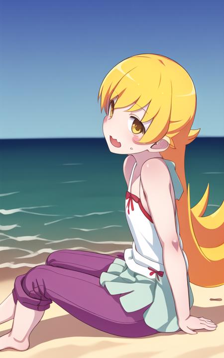 <lora:OshinoShinobuV1:1>,oshino shinobu, adult, masterpiece, best quality, sitting, pants, from the side, adult face, t shirt,  beach