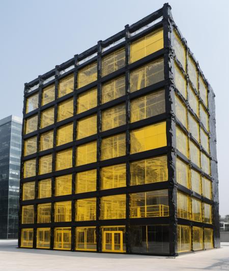 <lora:colouredglazecd_xl-000006:0.6>,  colorful theme, (see-through :1.3, transparent:1.3), colouredglazecd_xl,                  black & yellow, industrial, heavy duty, modular,           Office Buildings, Conglomerate stone, science fiction, building, architecture