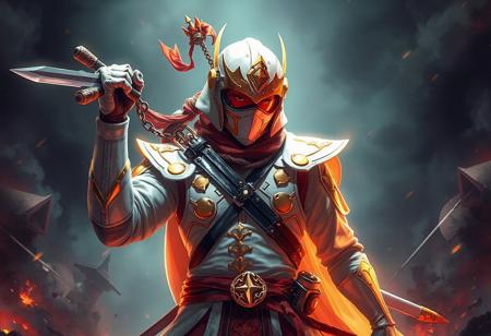 Depict an epic, full-body view of a Crimson Shadow Armor Ninja, adorned with pristine white armor accented in gold and red. The Ninja, holding a Kunai with Chain in one hand and raising the other in triumph, wears a yellow helmet with a red visor. Set against a Dark Tuner Doom Submarine background, the Ninja's dynamic pose and contrasting colors create a captivating visual. Enhance the image with sharp lines, brush strokes, stunning colors, and vivid emotions. Highlight the Ninja's intricate armor details, handcrafted with precision, and showcase harmonious, multi-colored lighting. Create a 4K or 8K artwork, capturing a well-timed moment of joyful impact and powerful message. Submit to CGSociety and Artstation for trending consideration.