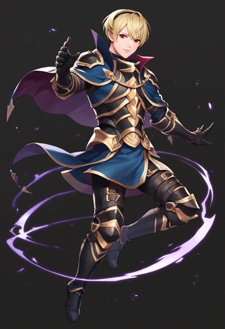 leo, 1boy, red eyes, blonde hair, headband, black armor, black boots, black gloves, blue cape leo, 1boy, red eyes, blonde hair, headband, shirtless, shorts, blue cape