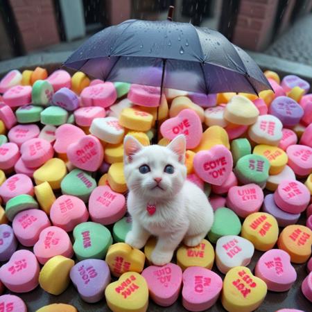 score_9, score_8_up, score_7_up, masterpiece-level, highly detailed, fantasy-themed, antho cat, chibi cat, chibi antho cat, cute animal focus, really cute animal, cute focus, intricate details, vibrant and hilariously relaxed aesthetics, (rain made from candyhearts,:1.5) , tiny candy hearts poaring, (raindrops made from candyhearts,:1.5) holding, umbrella:2, raining, kitten:2, standing, photorealistic render with Warframe aesthetic, dramatic lighting, best quality, plastic umbrella, (raindrops made from candyhearts:1.5)visible to shelter protecting a tiny, shivering calico kitten kitten nestled in a dark, atmospheric alleyway between high-tech buildings, (rain made from candyhearts:1.5) pouring down dramatic nighttime lighting, illuminated primarily by streetlights and the focusing on the kitten huddled safely, cute kitten, protection, rainy night, umbrella, juxtaposition, touching moment, sci-fi elegance, masterpiece, best quality, best quality, absurdres, 8k, HDR, <lora:albrecht_labs:1>
