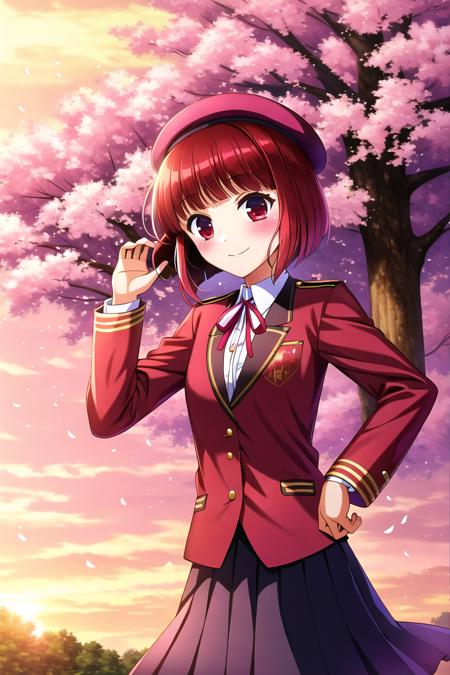 highres, high quality, 1girl, arima kana, blush, smile, shuuchikan academy school uniform, pleated skirt, outdoors, tree, falling petals, cherry blossoms, hand on hip, beret, evening