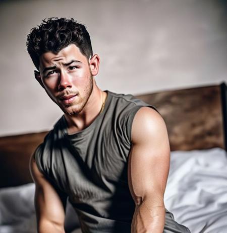 Full body photography, dark questionable hotel room, ((nick jonas a man <lora:nick-jonas:1>)), looking into camera, (natural skin, natural texture), strong expression, soft cinematic light, adobe lightroom, photolab, intricate, highly detailed, sharp focus, insane details, intricate details, hyperdetailed, low contrast, soft cinematic light, exposure blend, dim colors, dim light,  Award - winning, with Kodak Portra 800, a Hasselblad 500 ,55mm f/ 1.9 lens, extreme depth of field, available light, high contrast, Ultra HD, HDR, DTM, 8K,