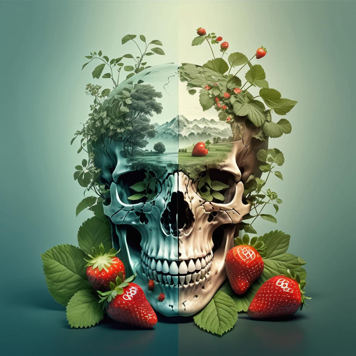 A skull with strawberries and leaves on top of it, and a green tree in the background.