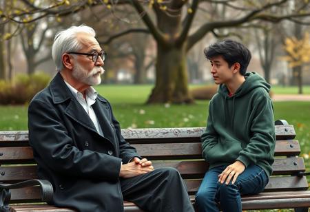 A highly detailed, semi-realistic 3D digital illustration style, extremely long distance, full body, front view of an dignified and wise writer sitting on a bench in the park. He's  talking to a man in his 20's, standing next to him. The writer's short white hair is combed back from his forehead, revealing a slightly receding hairline. his short white sideburns and beard, his chiseled, narrow face with a strong jawline and prominent cheekbones. His white mustache is curved along his upper lip and back. Thick, arched eyebrows sit above round, black-framed glasses on his sharp, narrow nose. His pale, healthy skin shows fine lines that reflect his experiences, with a slight rosiness in his cheeks. He wears a long black trenchcoat and white shirt. 
The yonger man has medium build, almost scroungy, tousled black hair, long in the front. The young man's wearing green hoodie and and jeans. 
Green Park, Spring, cold weather. Perfect hands.