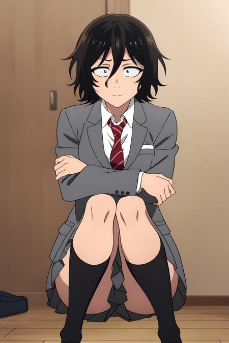 ((best quality)),((highly detailed)),masterpiece,absurdres,detailed face,beautiful face,(detailed eyes, deep eyes),(1girl),((dynamic pose)),  1girl, <lora:AkiraV1:0.7>,Akira, black hair, solo, necktie, skirt, school uniform, short hair, jacket, sitting, crossed arms, shirt, sanpaku, pleated skirt, striped, indoors, white shirt, messy hair, constricted pupils, blazer, bags under eyes, hair between eyes, grey jacket, striped necktie, long sleeves, red necktie, looking at viewer, closed mouth, frown, collared shirt, breasts, black eyes, miniskirt, wide-eyed, bangs, grey skirt, black skirt, diagonal-striped necktie, wing collar, medium breasts, socks, feet out of frame