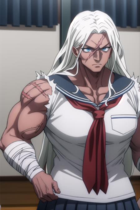 sakuraoogami, <lora:sakura oogami s1-lora-nochekaiser:1>,
sakura oogami, long hair, white hair, dark skin, dark-skinned female, muscular, scar, muscular female,
BREAK shirt, school uniform, serafuku, sailor collar, bandages, blue sailor collar, bandaged arm,
BREAK indoors, classroom,
BREAK looking at viewer, (cowboy shot:1.5),
BREAK <lyco:GoodHands-beta2:1>, (masterpiece:1.2), best quality, high resolution, unity 8k wallpaper, (illustration:0.8), (beautiful detailed eyes:1.6), extremely detailed face, perfect lighting, extremely detailed CG, (perfect hands, perfect anatomy),