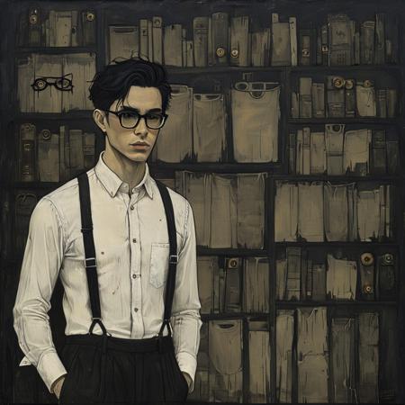 score_9, score_8_up, score_7_up, style of John Kenn Mortensen, 1man, masculine, black hair, chiseled jaw, black glasses, hands in pocket, white button up shirt, black slacks, suspenders, dark, eerie, macabre background, masterpiece, detailed,