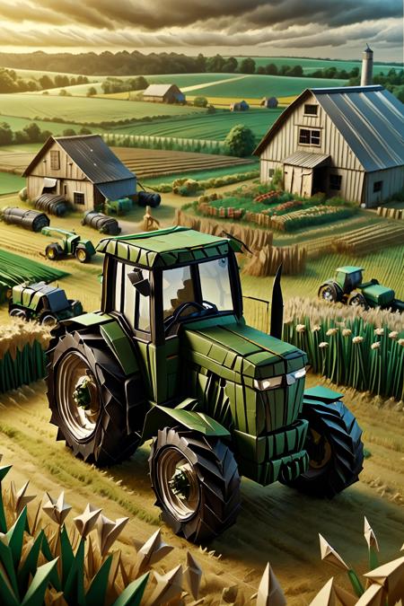 ral-orgmi, a origami paper tractor in a field with a barn in the background <lora:ral-origami-sd15:1>