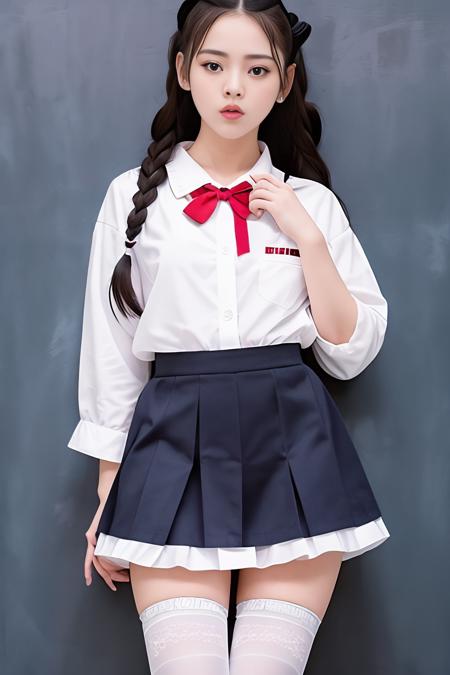 RAW photo, 1girl, yangchaoyue_asian_v1, schoolgirl, pale skin, (student uniform:1.2), (black hair), long hair, (white stockings:1.2), (high detailed skin:1.2), 8k uhd, soft lighting, high quality, film grain, Fujifilm XT3